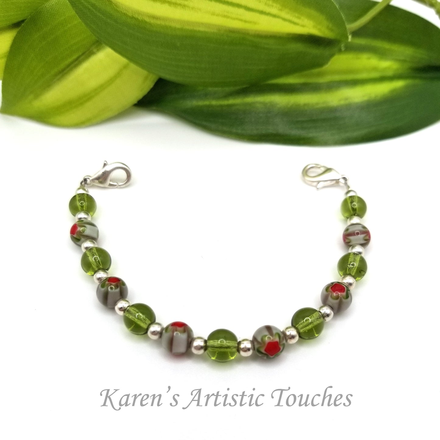 Green and Red Millefiori Glass Beaded Medical Alert Bracelet: Fashionable Medical ID Jewelry for Him or Her