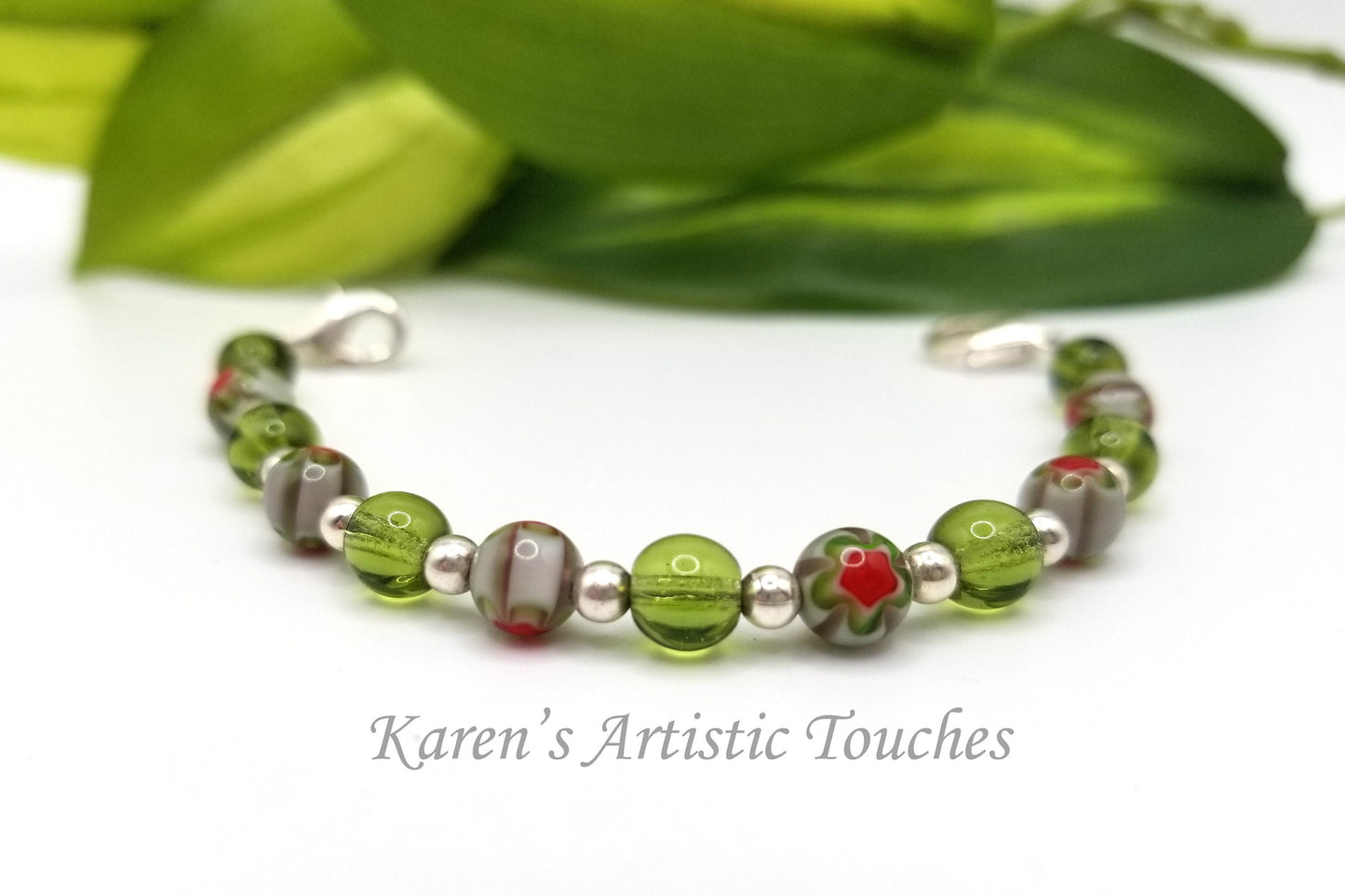 Green and Red Millefiori Glass Beaded Medical Alert Bracelet: Fashionable Medical ID Jewelry for Him or Her