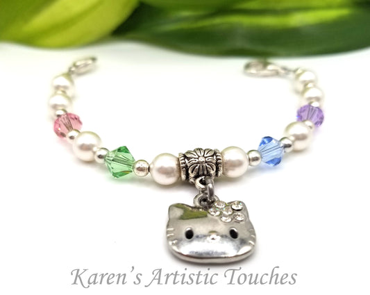 Kitty Cat Charm with Swarovski Pastel Pearl Medical ID Replacement Bracelet: Fashionable Cat-Themed Medical Alert Jewelry