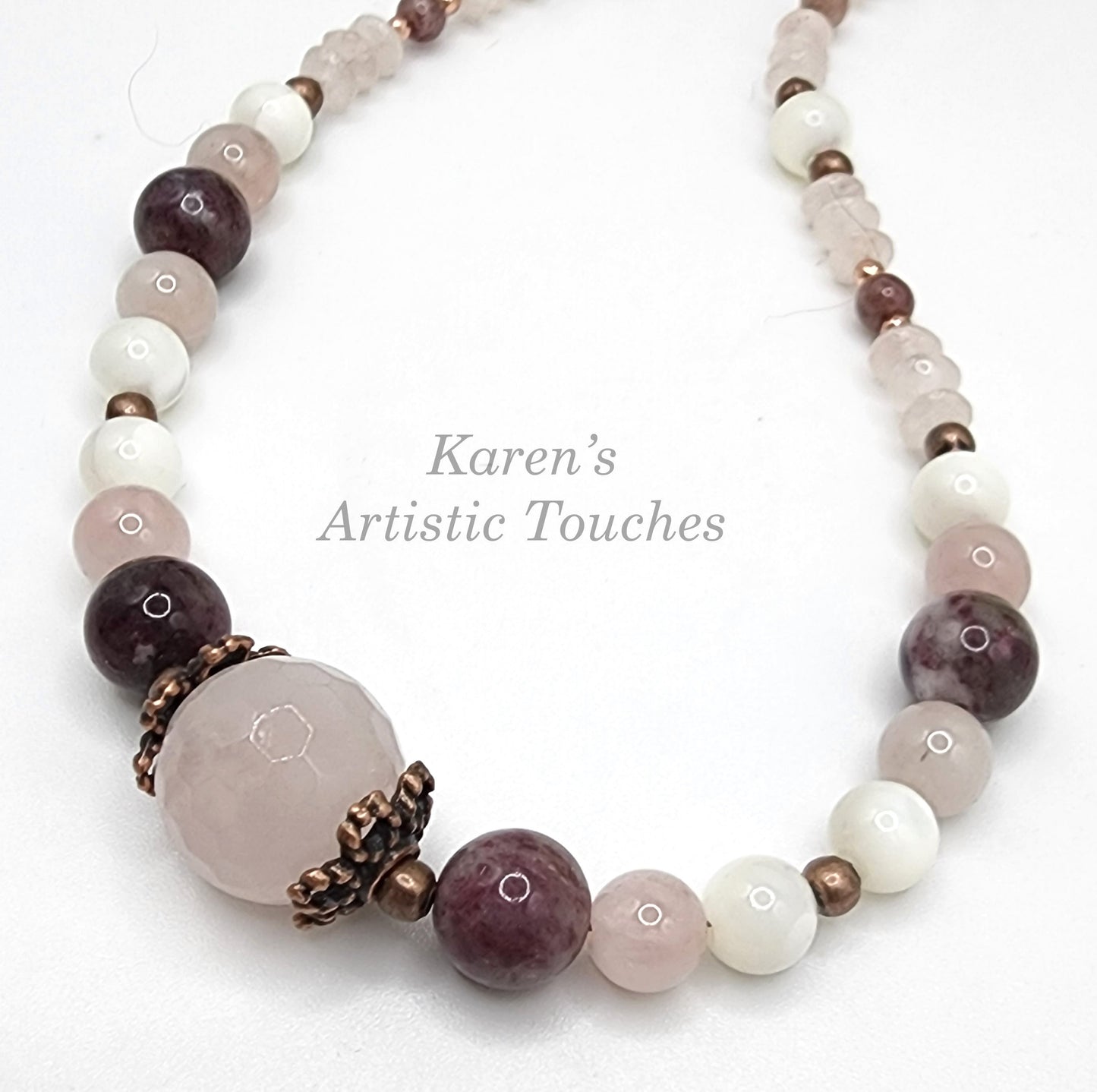 Natural Pink Tourmaline, Rose Quartz, Mother of Pearl, and Rhodonite Copper Beaded Necklace Choker – 19" Gift for Women and Girls