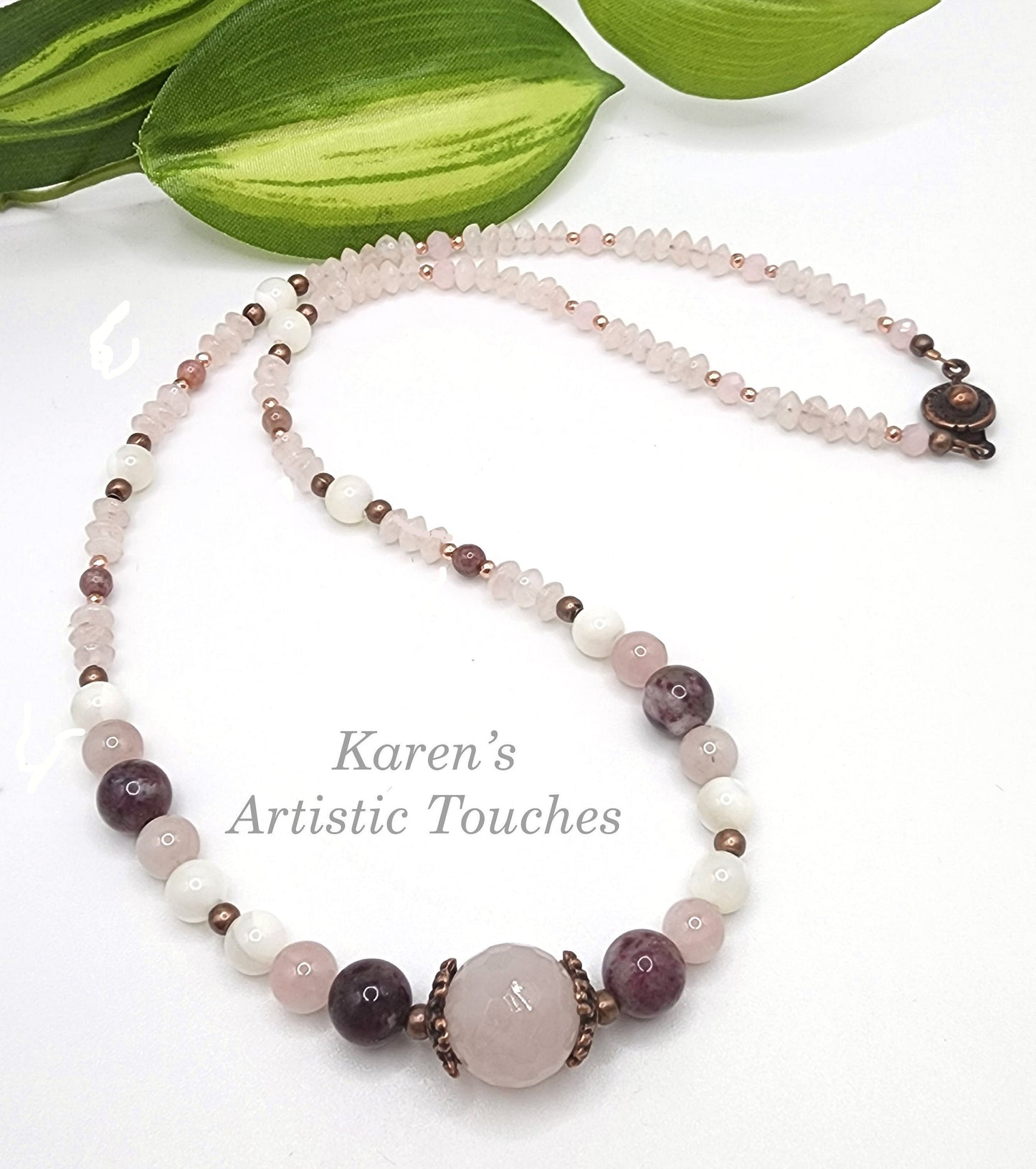 Natural Pink Tourmaline, Rose Quartz, Mother of Pearl, and Rhodonite Copper Beaded Necklace Choker – 19" Gift for Women and Girls