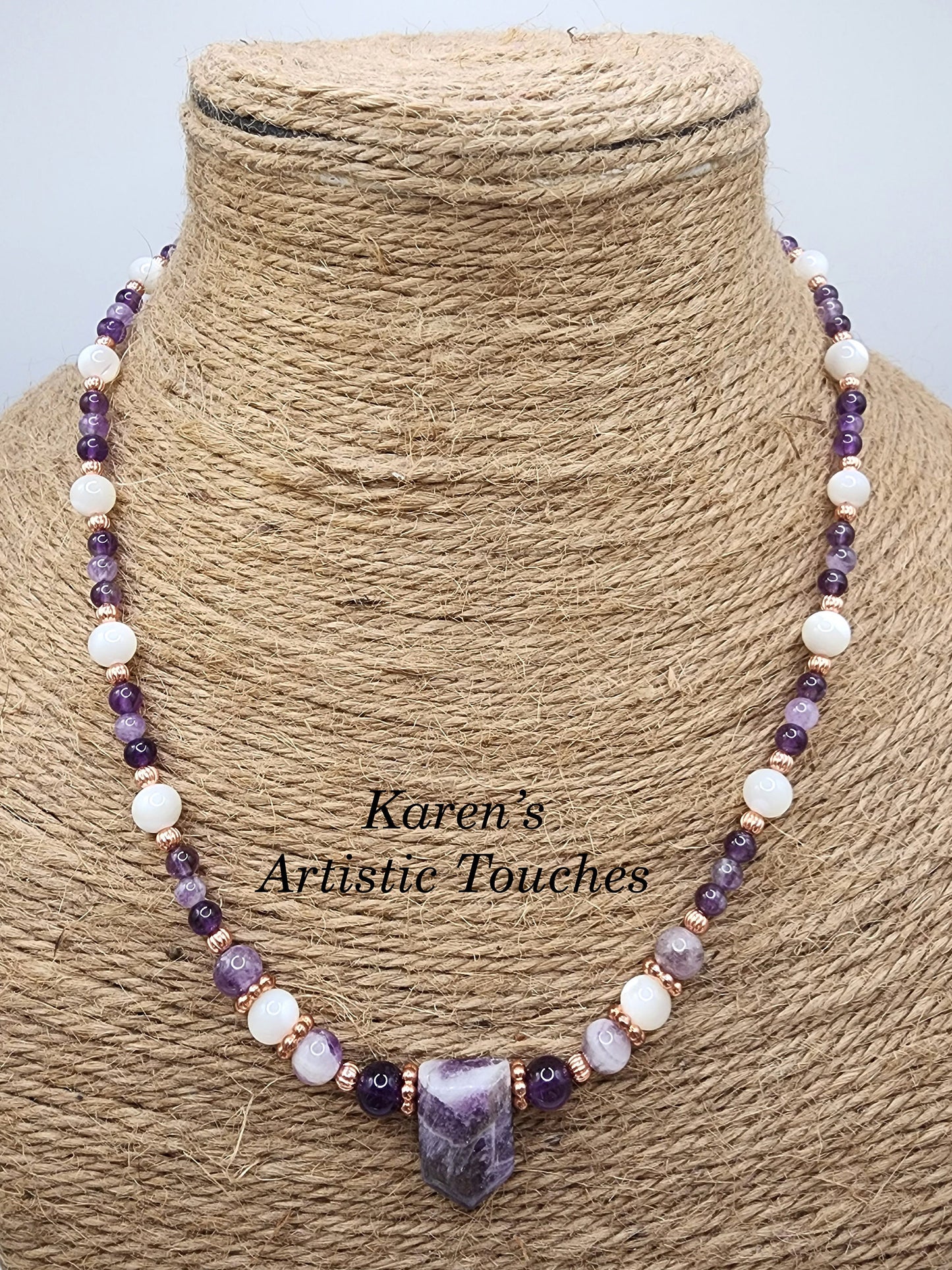 Natural Chevron Amethyst, Amethyst, and Mother of Pearl Copper Beaded Necklace Choker – 19" Gift for Women and Girls