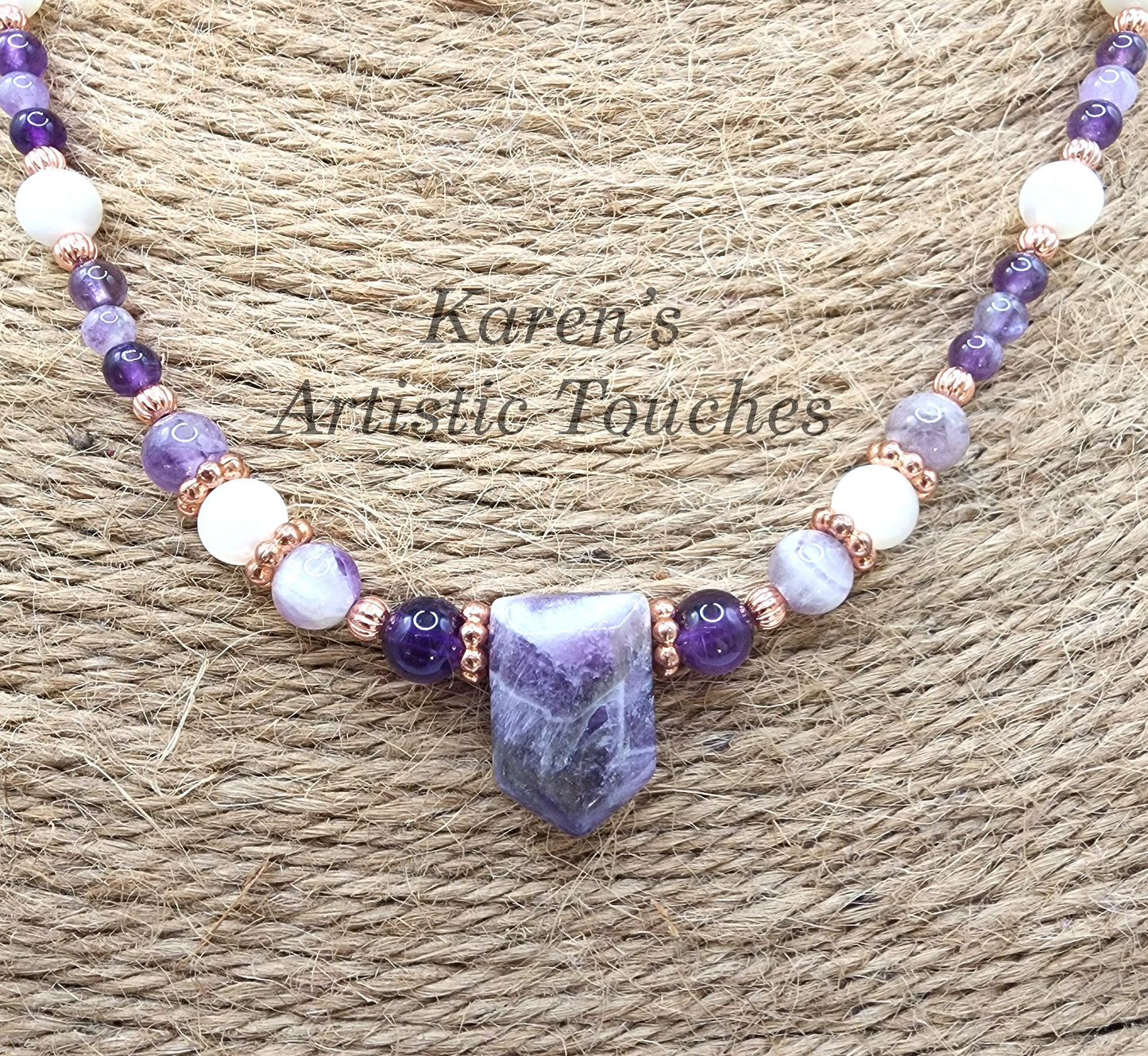 Natural Chevron Amethyst, Amethyst, and Mother of Pearl Copper Beaded Necklace Choker – 19" Gift for Women and Girls