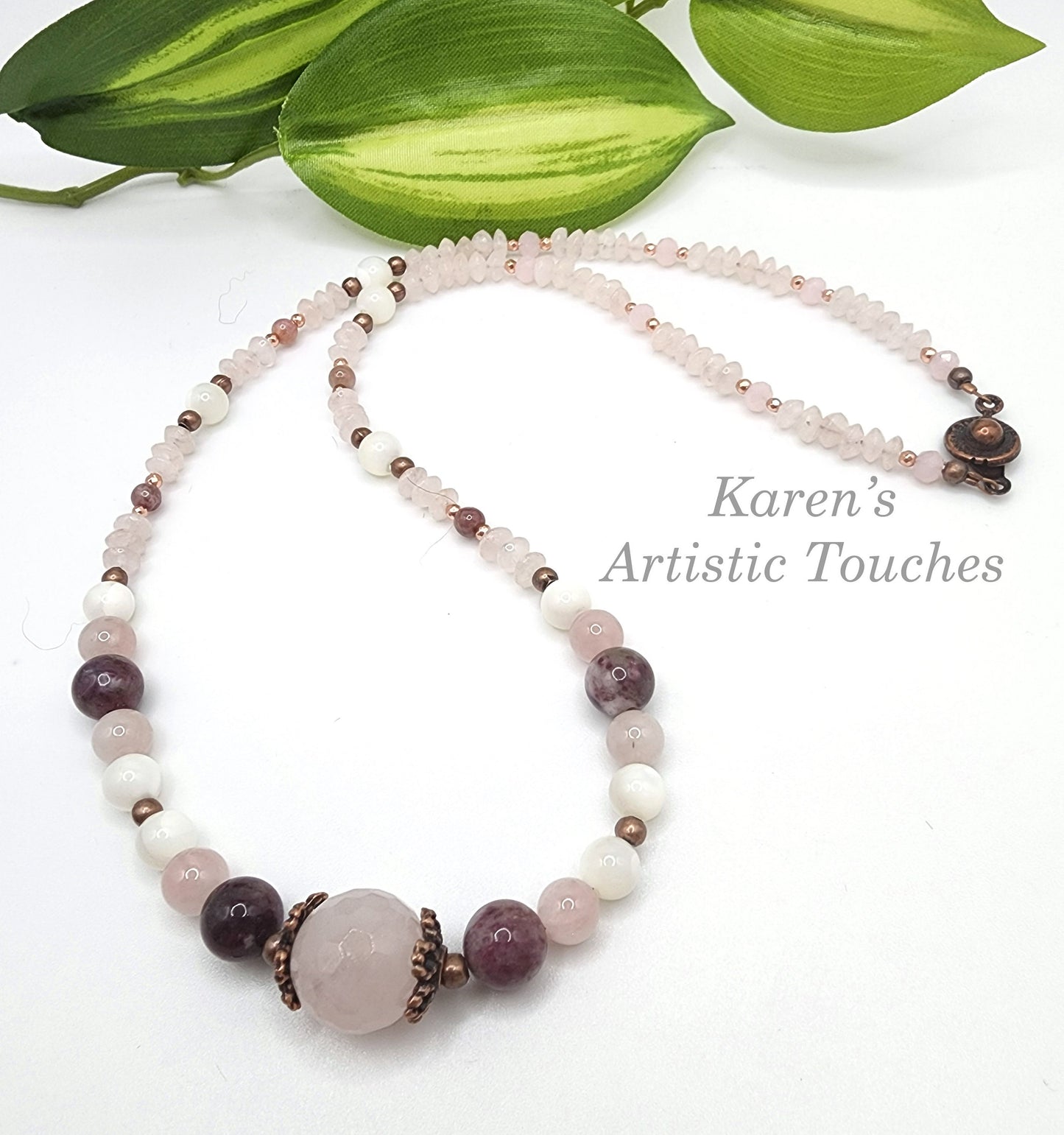 Natural Pink Tourmaline, Rose Quartz, Mother of Pearl, and Rhodonite Copper Beaded Necklace Choker – 19" Gift for Women and Girls