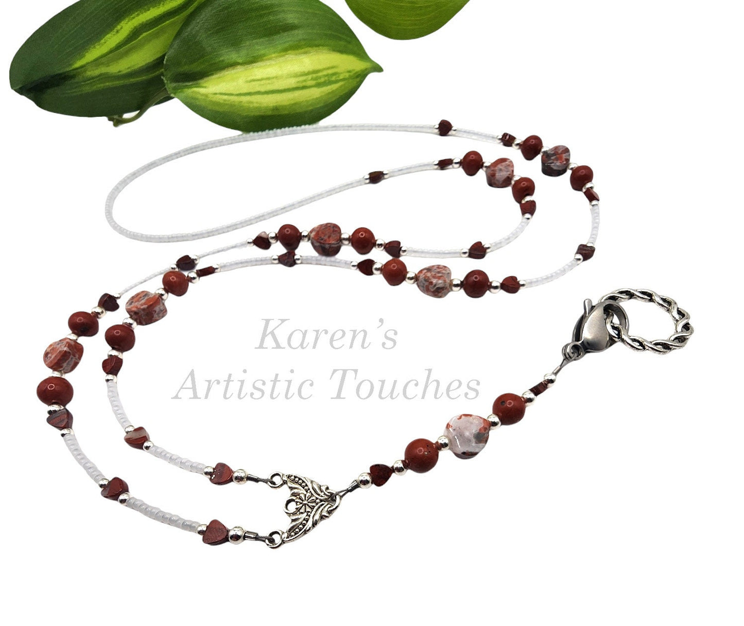 Natural Red Jasper Gemstone Heart Beaded Lanyard – Stylish ID Holder Necklace for Teachers, Doctors, or Nurses