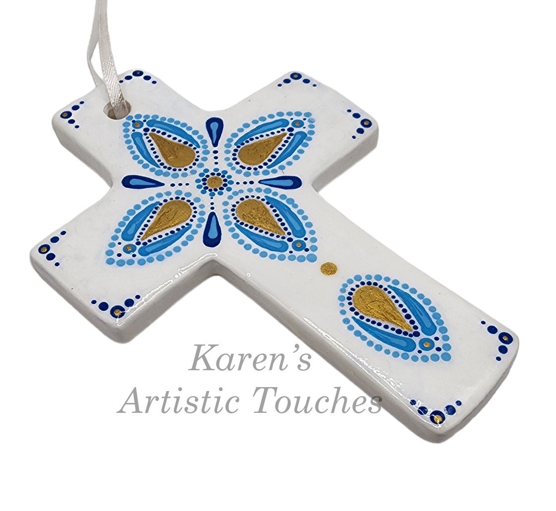 Hand-Painted Blue and Gold Cross Ornament - Ceramic Plaster Dot Mandala Art for Holiday Tree or Wall Decoration