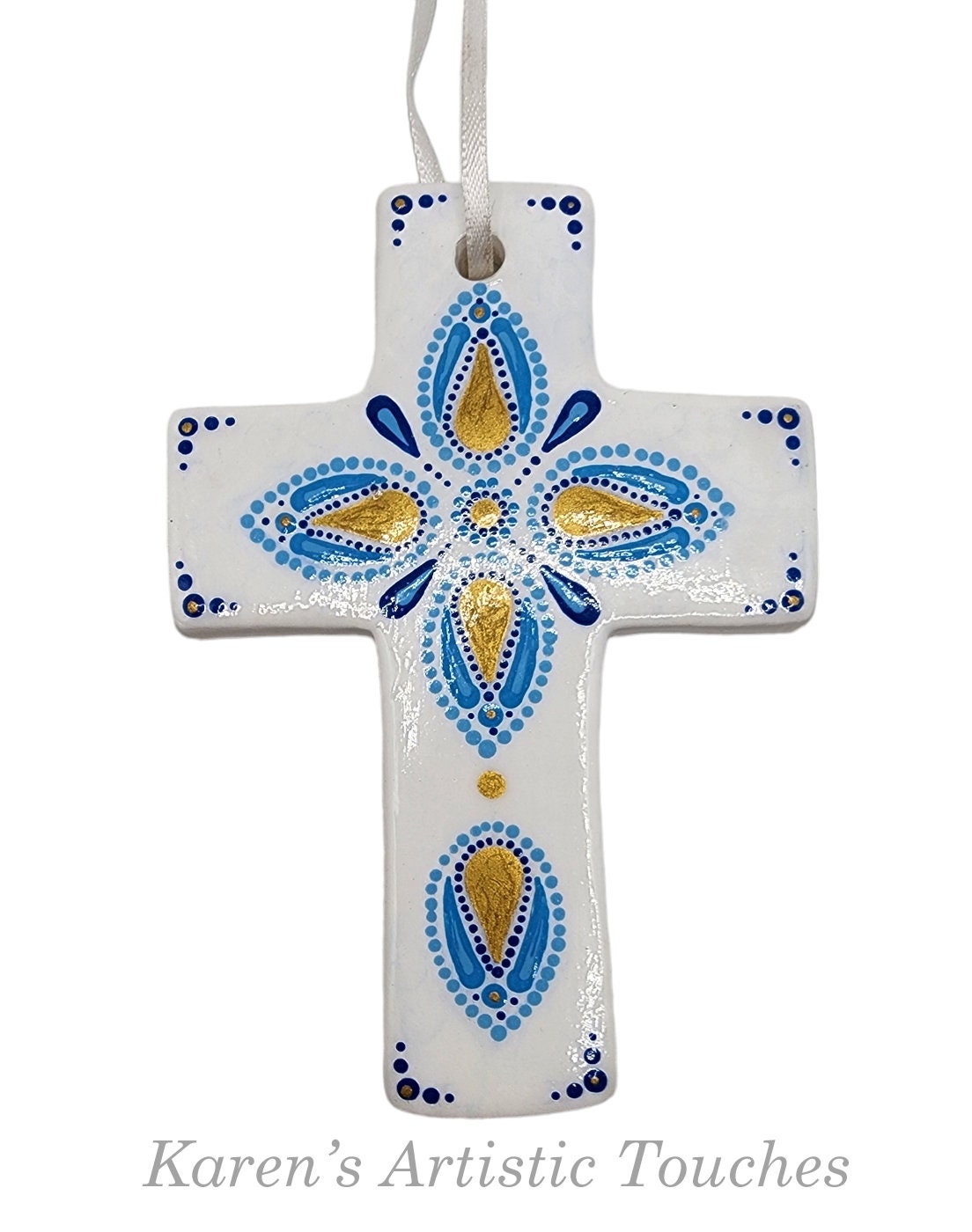 Hand-Painted Blue and Gold Cross Ornament - Ceramic Plaster Dot Mandala Art for Holiday Tree or Wall Decoration