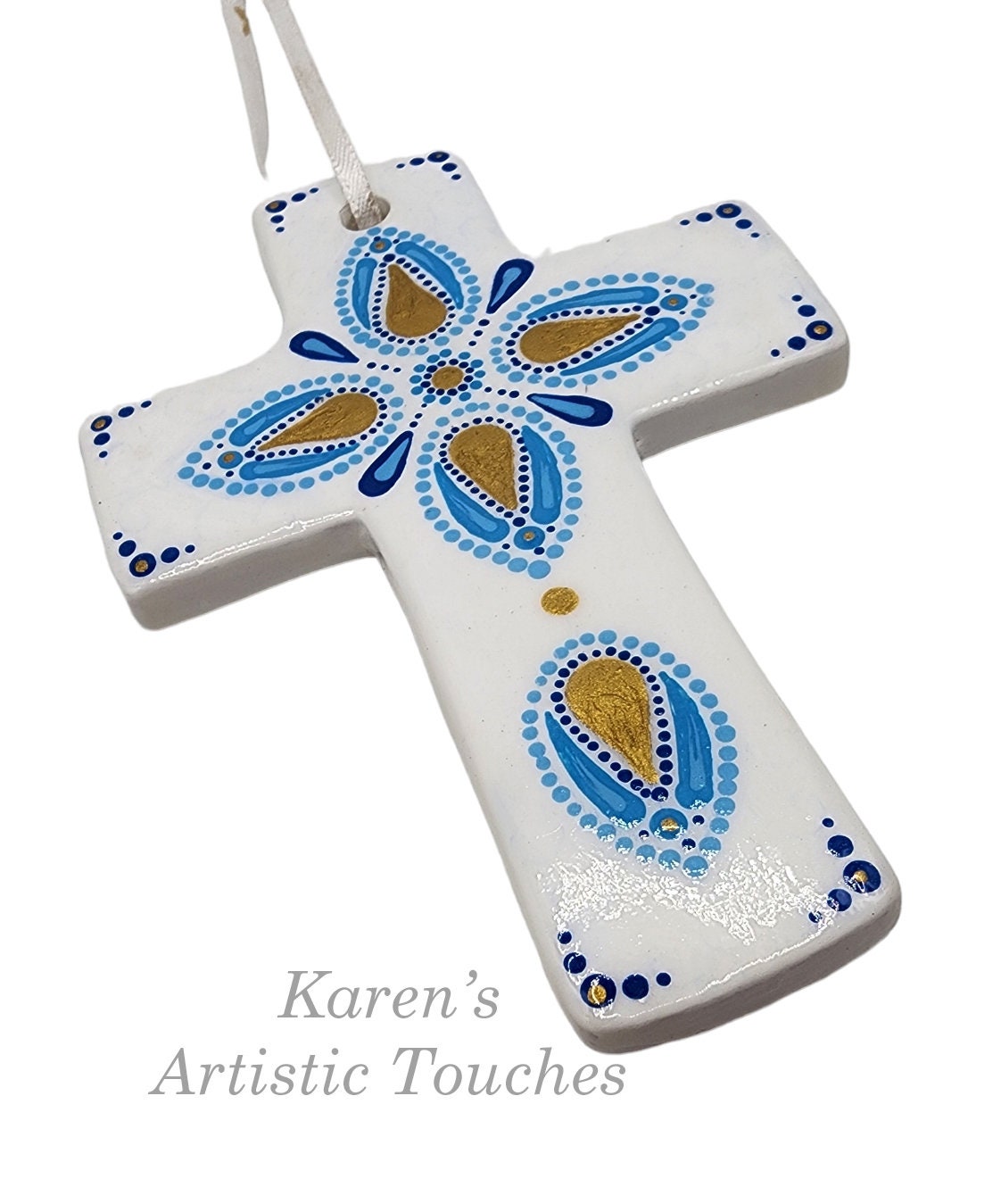 Hand-Painted Blue and Gold Cross Ornament - Ceramic Plaster Dot Mandala Art for Holiday Tree or Wall Decoration