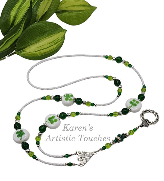 St. Patrick's Day Green Shamrock Leprechaun Glass Beaded Lanyard & ID Badge Holder