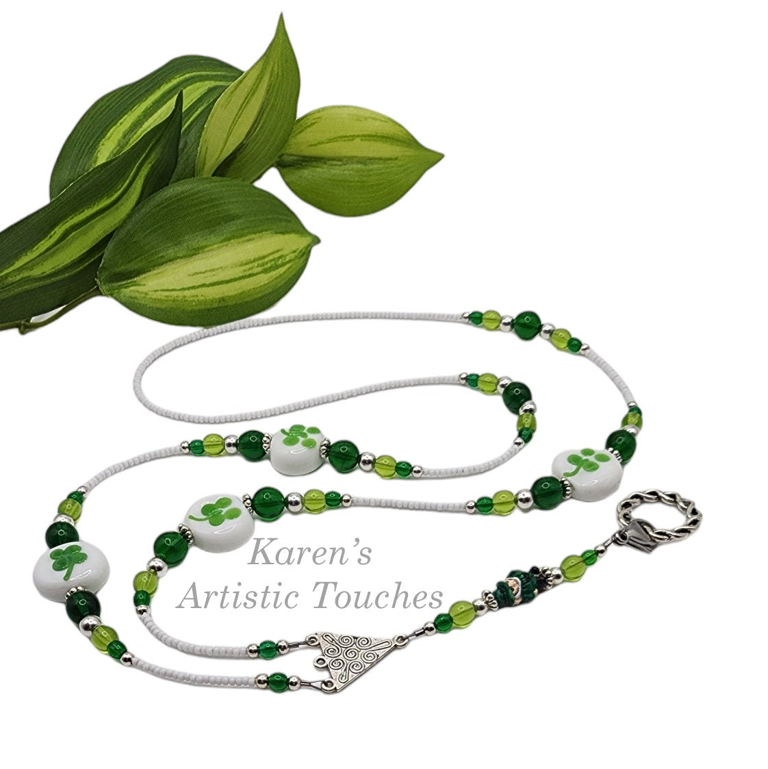 St. Patrick's Day Green Shamrock Leprechaun Glass Beaded Lanyard & ID Badge Holder