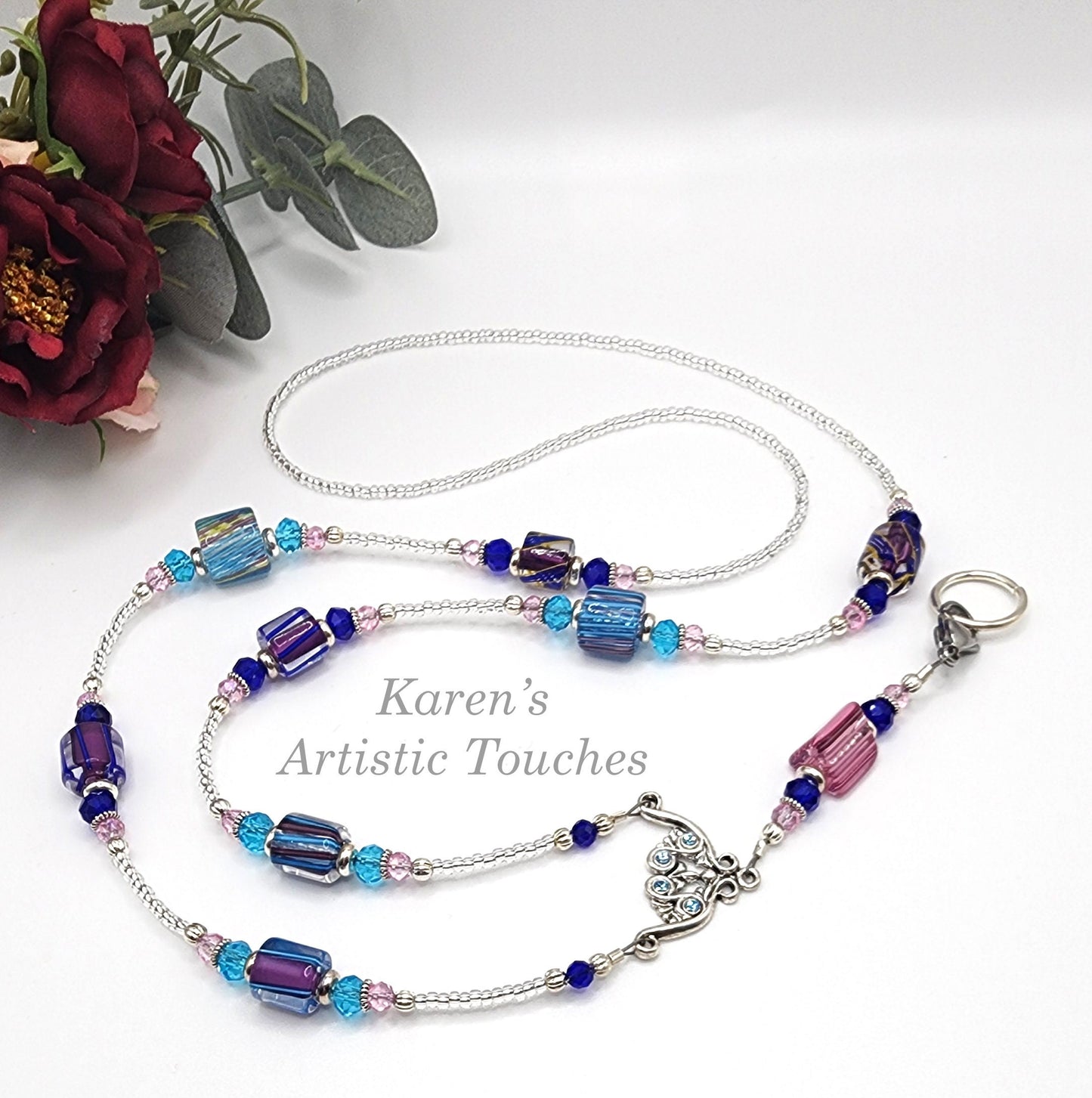 Blue & Pink Cane Furnace Glass Handcrafted Gift Beaded Necklace Lanyard ID Badge Holder