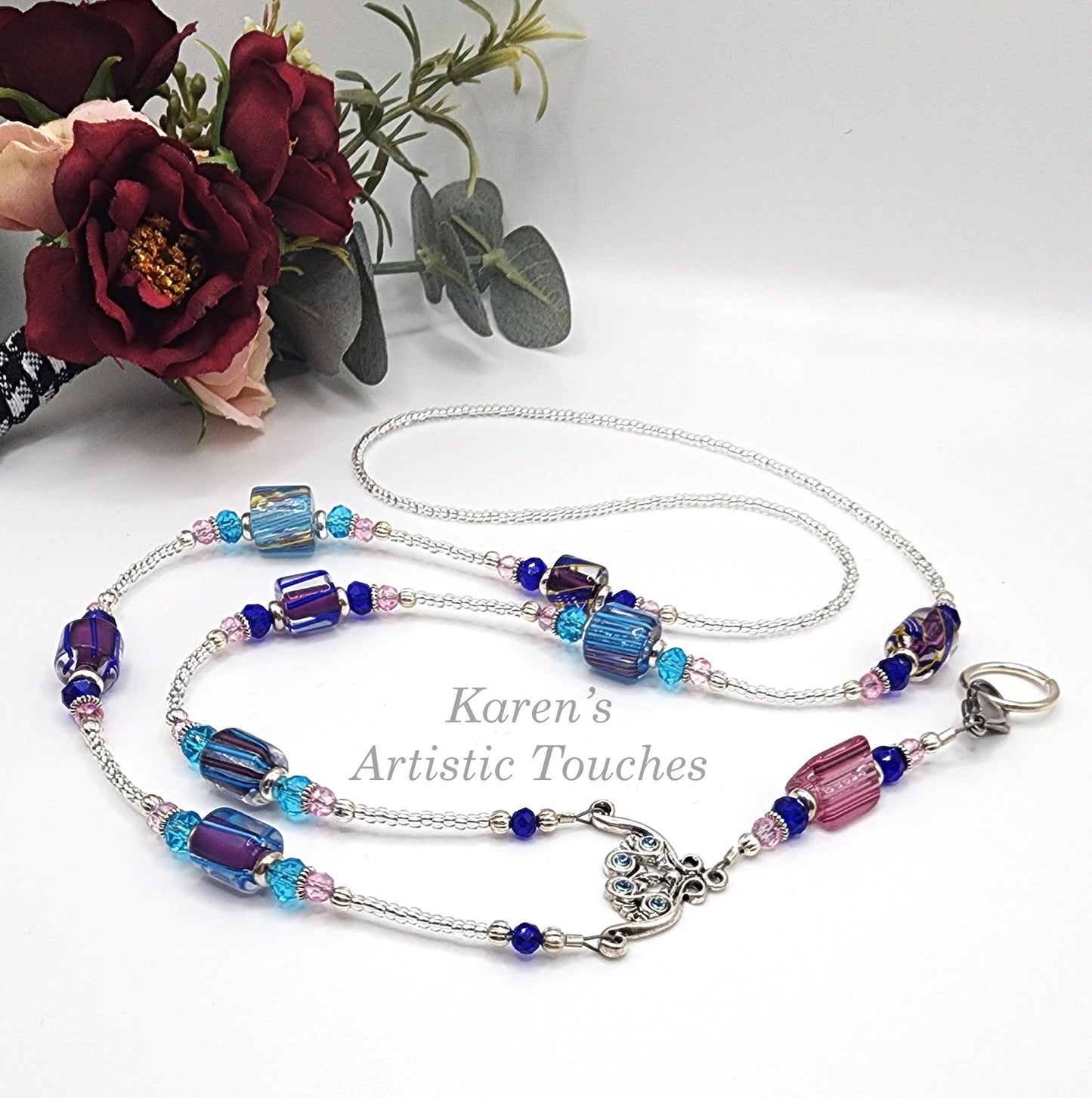 Blue & Pink Cane Furnace Glass Handcrafted Gift Beaded Necklace Lanyard ID Badge Holder