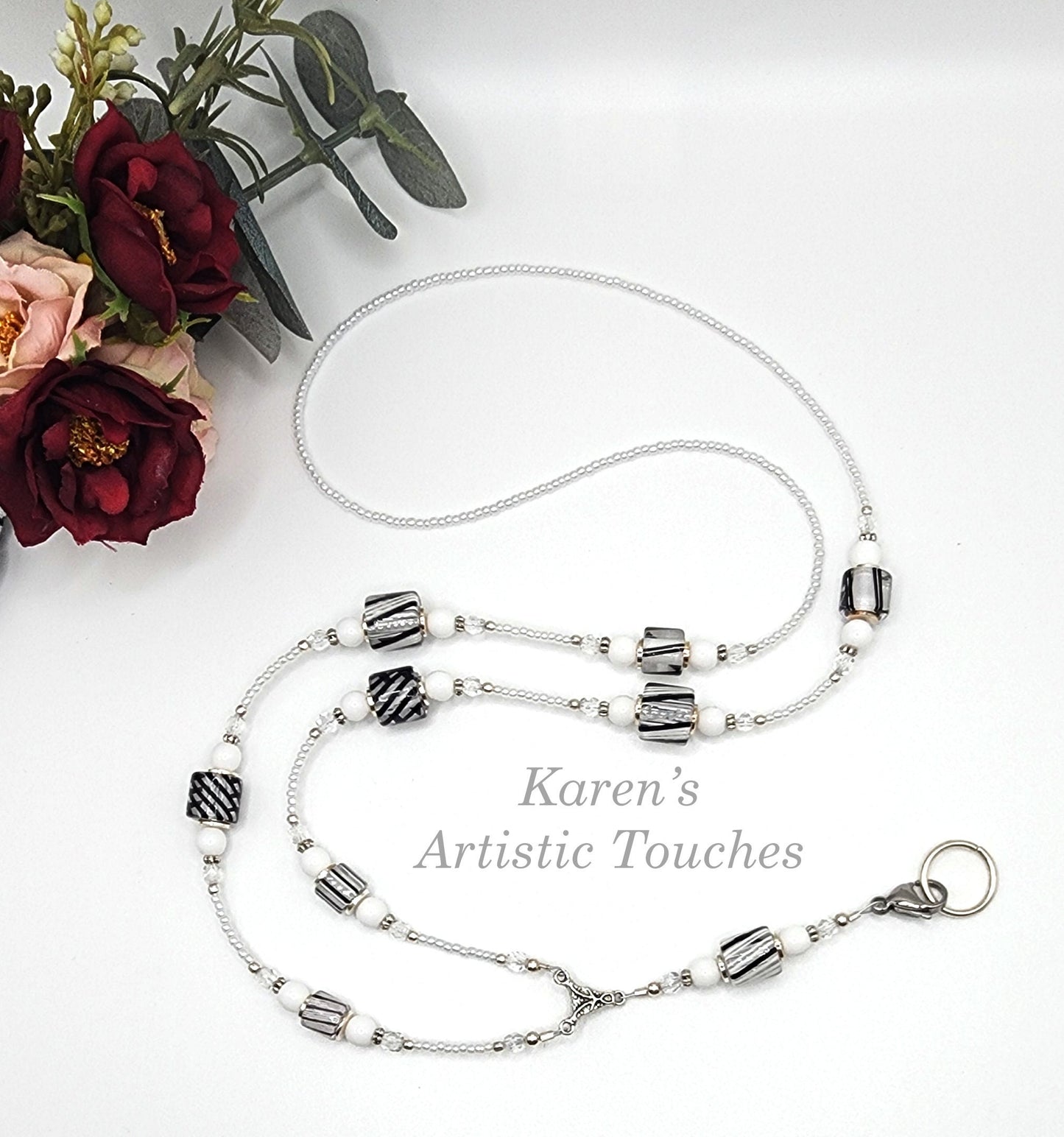 White & Black Clear Cane Furnace Glass Handcrafted Gift Beaded Necklace Lanyard ID Badge Holder