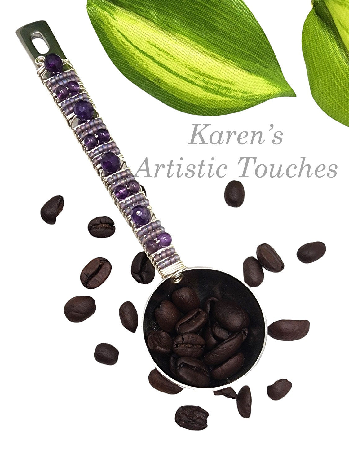 Handcrafted Wire-Wrapped Coffee Scoop with Natural Amethyst Gemstone Beads – Stainless Steel, Perfect for Coffee Beans or Grounds, Ideal Special Gift