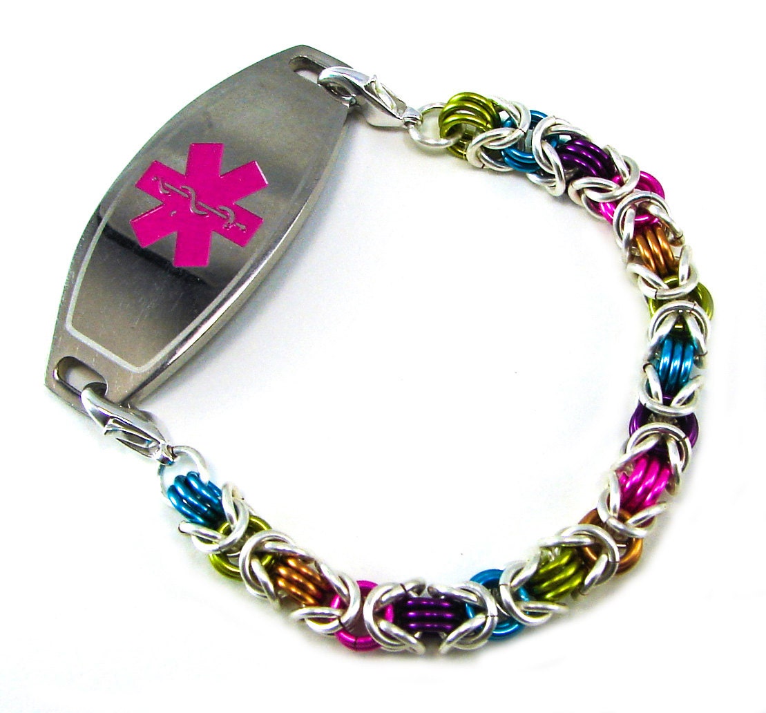 Cotton Candy Byzantine Chain Mail Medical Alert Bracelet: Stylish Medical ID Jewelry for Allergies and Awareness